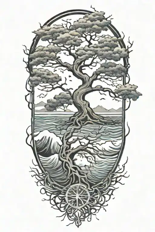 tree of life with deep roots surrounded by violent stormy seas and skies and wind waves crashing tattoo design idea
