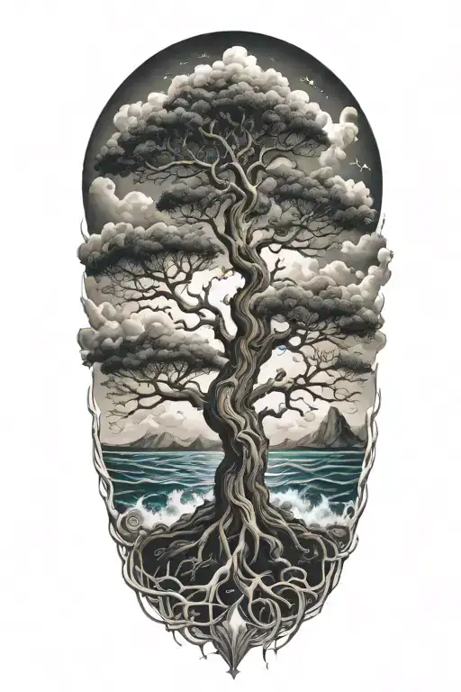tree of life surrounded by violent stormy seas and skies and wind tattoo design idea