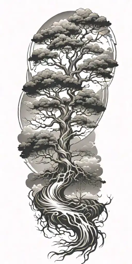 tree of life with roots surrounded by violent stormy seas and skies and wind tattoo design idea