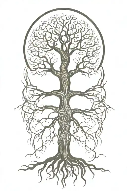 tree with intertwinef trunk and  roots spreading   tattoo design idea