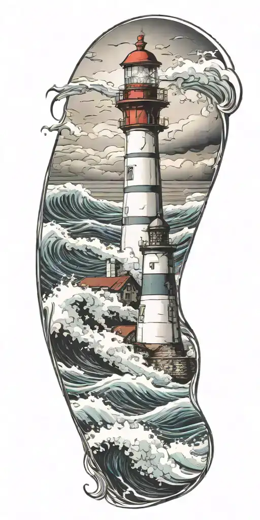 stormy seas surrounding lighthouse waves crashing  tattoo design idea