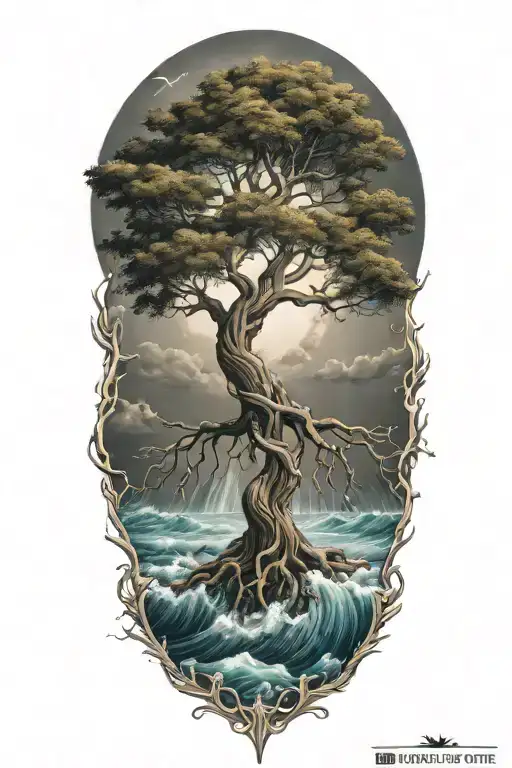 tree of life with deep roots surrounded by violent stormy seas and skies and wind tattoo design idea