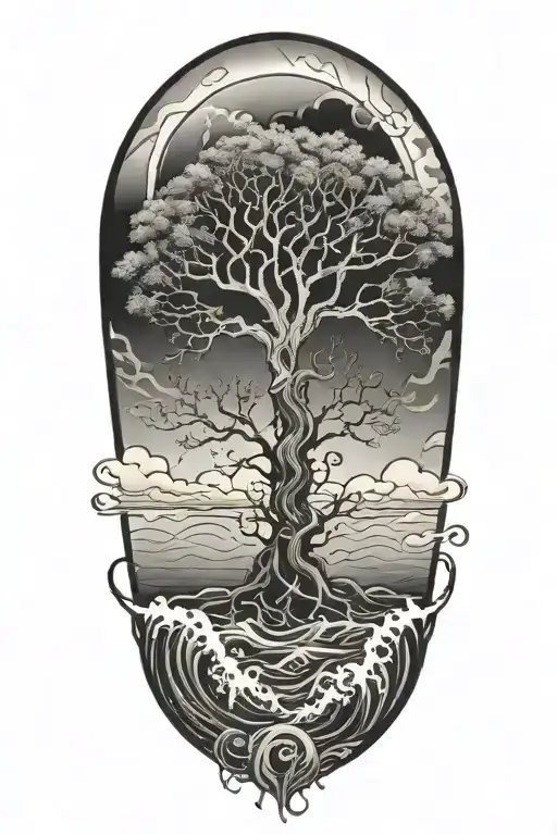 tree of life surrounded by violent stormy seas tattoo design idea