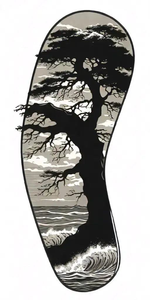 stormy seas waves crashing surrounding tall strong tree winding trunk deep roots  tattoo design idea