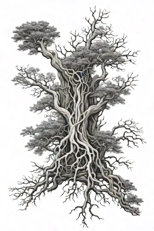 two kidneys as roots sprouting into twin bare tree branches tattoo design idea