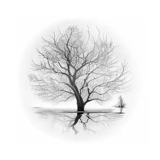 tree in flames reflected in pond tattoo design idea