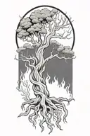 twisted tree with sprawling branches on fire flames and roots  tattoo design idea