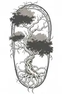 twisted tree with sprawling branches on fire flames and roots  tattoo design idea