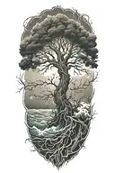 tree of life with roots surrounded by violent stormy seas and skies and wind tattoo design idea