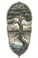 tree of life with roots surrounded by violent stormy seas and skies and wind tattoo design idea