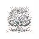 Twisted Trunch Tree with deep celtic knot roots surrounded by flames + branches protecting flowers growing under the tre tattoo design idea