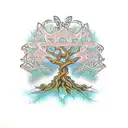 Twisted Trunch Tree with deep celtic knot roots surrounded by flames + branches protecting flowers growing under the tre tattoo design idea