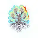 Twisted Trunch Tree with deep celtic knot roots surrounded by flames + branches protecting flowers growing under the tre tattoo design idea