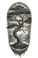 tree of life with deep roots surrounded by violent stormy seas and skies and wind waves crashing tattoo design idea