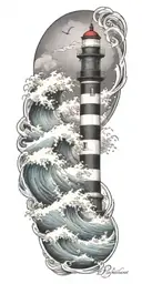 stormy seas surrounding lighthouse waves crashing  tattoo design idea
