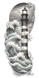 stormy seas surrounding lighthouse waves crashing  tattoo design idea