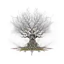 Twisted Trunch Tree with deep celtic knot roots surrounded by flames + branches protecting flowers growing under the tre tattoo design idea