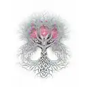 Twisted Trunch Tree with deep celtic knot roots surrounded by flames + branches protecting flowers growing under the tre tattoo design idea