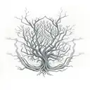 Twisted Trunch Tree with deep celtic knot roots surrounded by flames + branches protecting flowers growing under the tre tattoo design idea