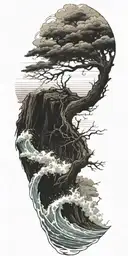 stormy seas surrounding tall tree winding trunk waves crashing deep roots  tattoo design idea