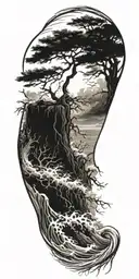 stormy seas surrounding tall tree winding trunk waves crashing deep roots  tattoo design idea