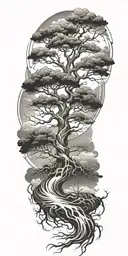 tree of life with roots surrounded by violent stormy seas and skies and wind tattoo design idea