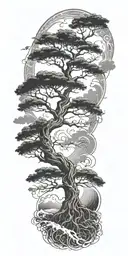 tree of life with roots surrounded by violent stormy seas and skies and wind tattoo design idea