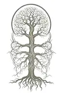 tree with intertwinef trunk and  roots spreading   tattoo design idea