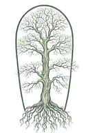 tree with intertwinef trunk and  roots spreading   tattoo design idea