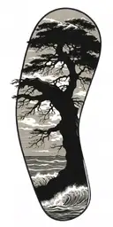 stormy seas waves crashing surrounding tall strong tree winding trunk deep roots  tattoo design idea