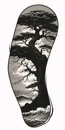 stormy seas waves crashing surrounding tall strong tree winding trunk deep roots  tattoo design idea