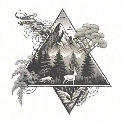 mountain and jungle forest with trees in triangle shape with deer  tattoo design idea