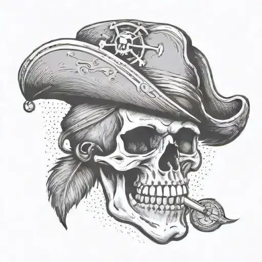 A pirate skull with a feathered hat and a pirate coin in between it's teeth tattoo design idea