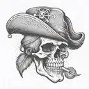 A pirate skull with a feathered hat and a pirate coin in between it's teeth tattoo design idea