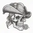 A pirate skull with a feathered hat and a pirate coin in between it's teeth tattoo design idea