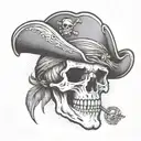 A pirate skull with a feathered hat and a pirate coin in between it's teeth tattoo design idea