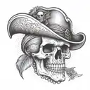 A pirate skull with a feathered hat and a pirate coin in between it's teeth tattoo design idea