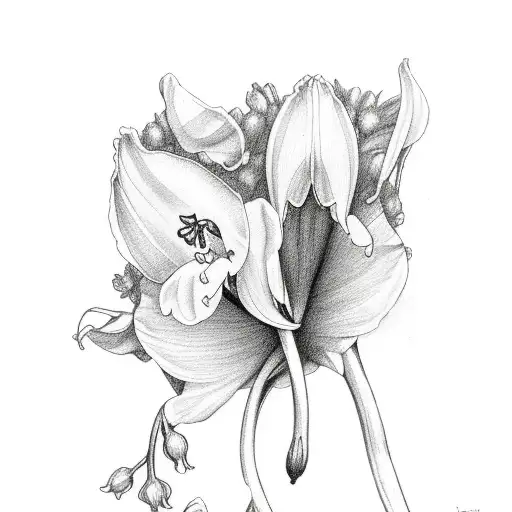 one each of daffodil, lily of the valley, cosmo, and larkspur in fine lines tattoo design idea