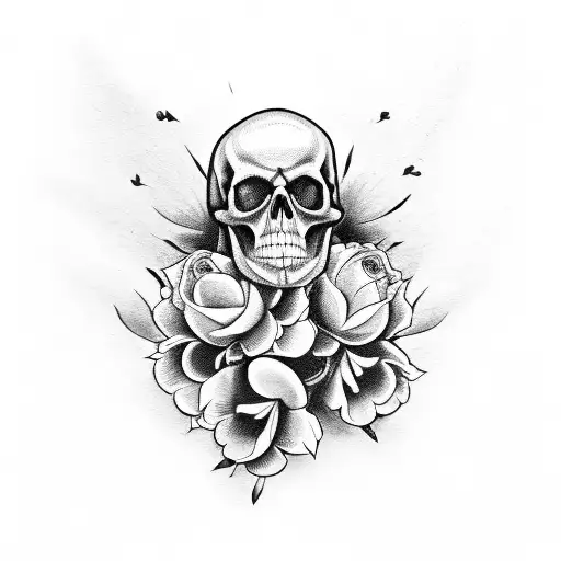 Coffin with skull and flowers tattoo design idea