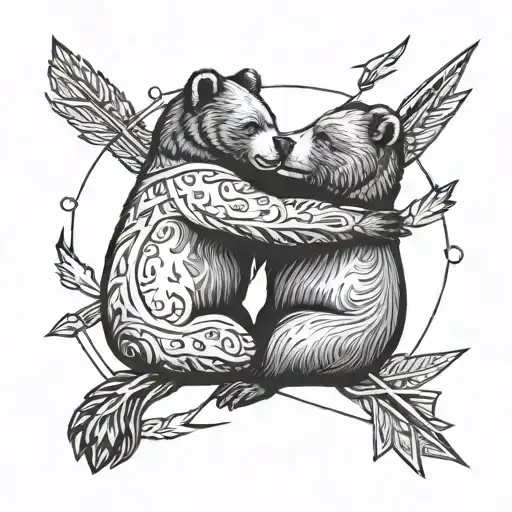  Two bears hug their cubs and the bears have arrows in their backs tattoo design idea