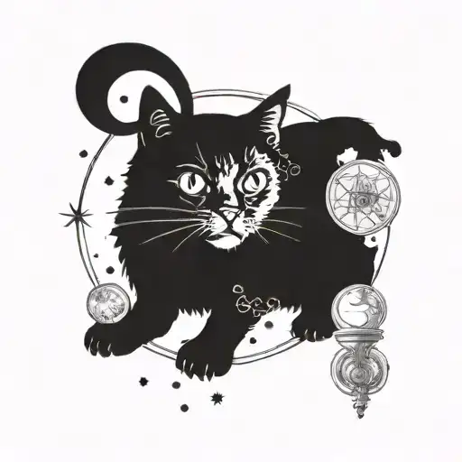 A mystical black cat surrounded by celestial bodies and tarot cards tattoo design idea