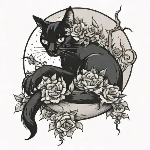 occult black cat sitting with witch sorrunded by flowers and a moon tattoo design idea