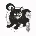 A mystical black cat surrounded by celestial bodies and tarot cards tattoo design idea