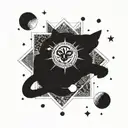 A mystical black cat surrounded by celestial bodies and tarot cards tattoo design idea