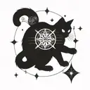 A mystical black cat surrounded by celestial bodies and tarot cards tattoo design idea