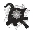 A mystical black cat surrounded by celestial bodies and tarot cards tattoo design idea