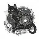 A mystical black cat surrounded by celestial bodies and tarot cards tattoo design idea