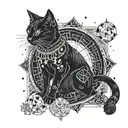 A mystical black cat surrounded by celestial bodies and tarot cards tattoo design idea