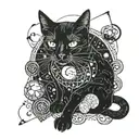 A mystical black cat surrounded by celestial bodies and tarot cards tattoo design idea