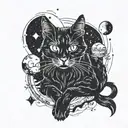 A mystical black cat surrounded by celestial bodies and tarot cards tattoo design idea